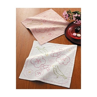 花ふきん梅とうぐいす（白・渋ピンク)