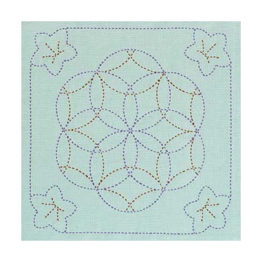 花ふきん桔梗と花刺し（浅葱)